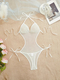 Free Shipping Semi-sheer Lace Up Halter Backless Fashion Design Bodysuit, Women's Sexy Clothing