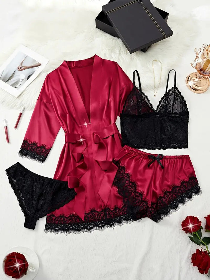 Free Shipping Women'S 5pcs Satin Pajama Set, Elegant Solid Color Nightgown with Belt, Floral Lace Top & Thong, Medium Support, Polyester 95%, Elastane 5%, Mid-Rise, Woven Lingerie Set