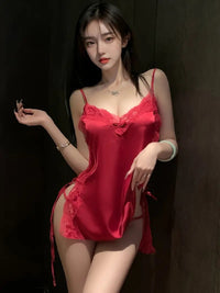 Free Shipping Side-Tie Nightgown Sexy Sleepwear Lingerie Plus Size No Removal Date Night Outfit Bed Uniform Temptation Passionate Set New Red for Valentine'S Day (Includes: Dress + T-Back + 2 Ties)
